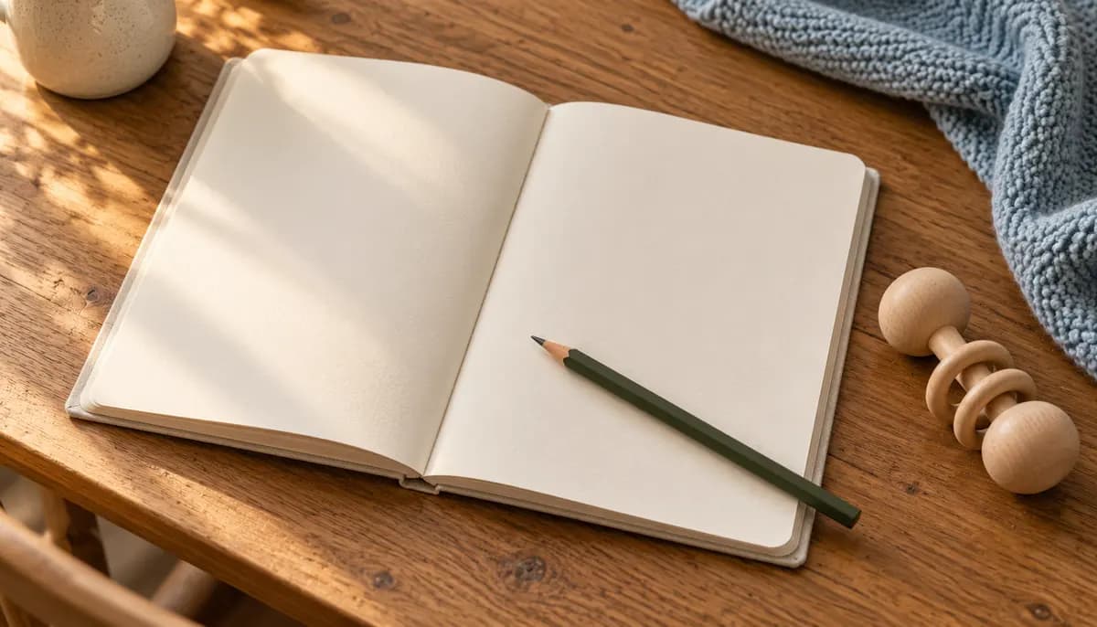 Open blank notebook and olive pencil beside a wooden baby rattle and blue knitted blanket