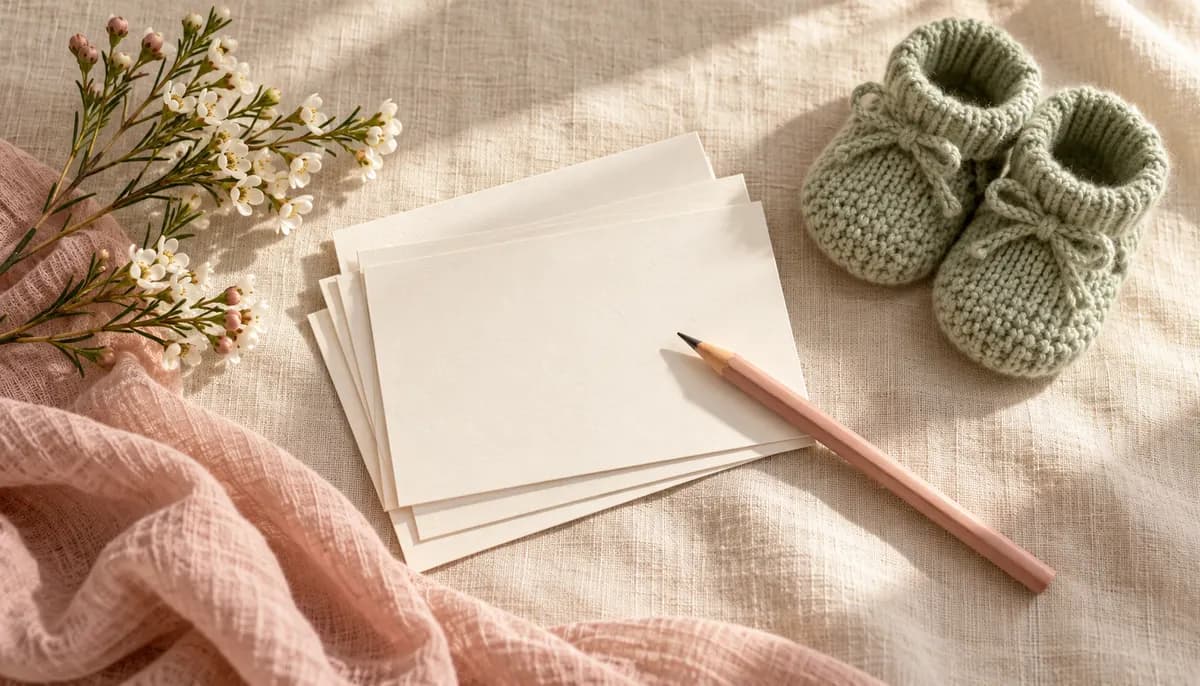 Blank name cards and a pencil beside sage knitted baby booties on cream linen