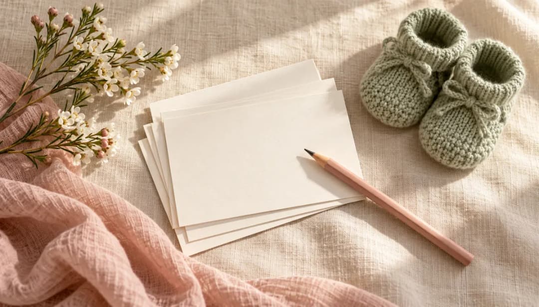 Blank name cards and a pencil beside sage knitted baby booties on cream linen