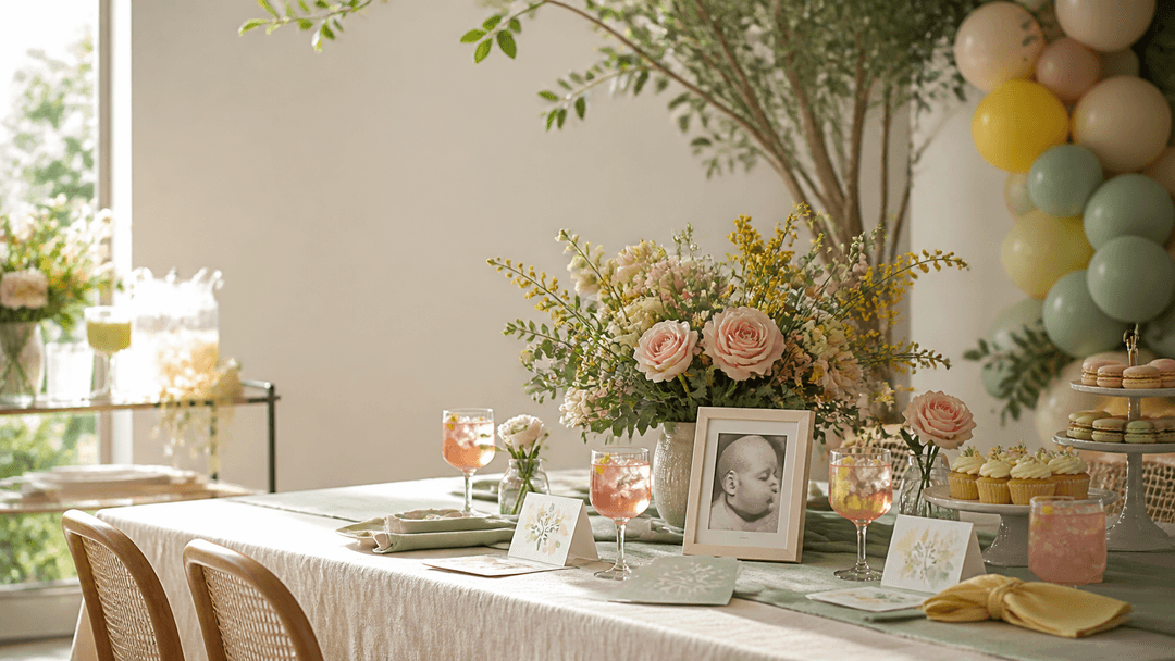 Masă modernă pentru baby shower 2026 cu flori pastelate, mocktail-uri și o fotografie înrămată a viitorului bebeluș