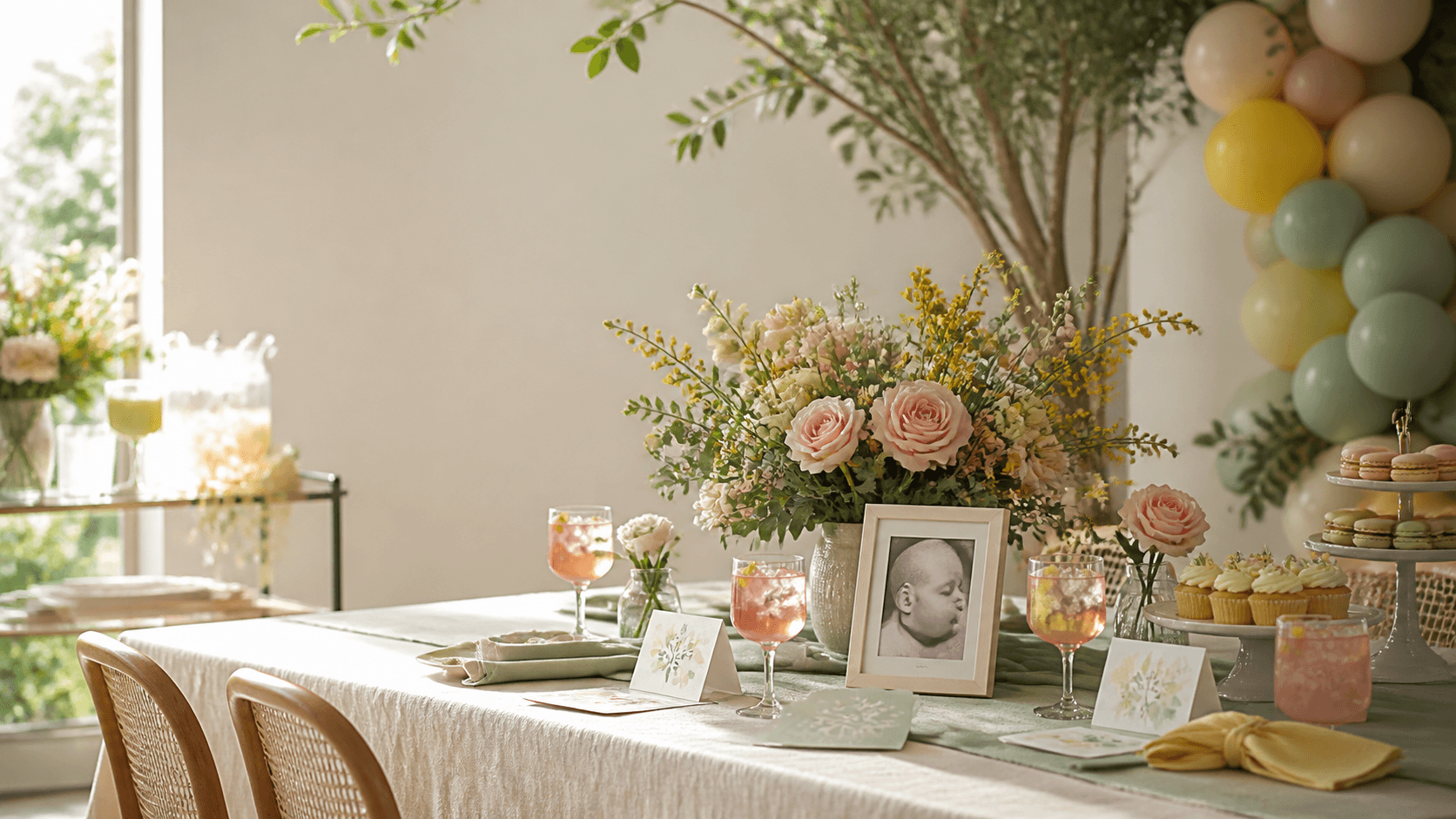 Modern 2026 baby shower table with pastel flowers, mocktails and a framed future baby photo