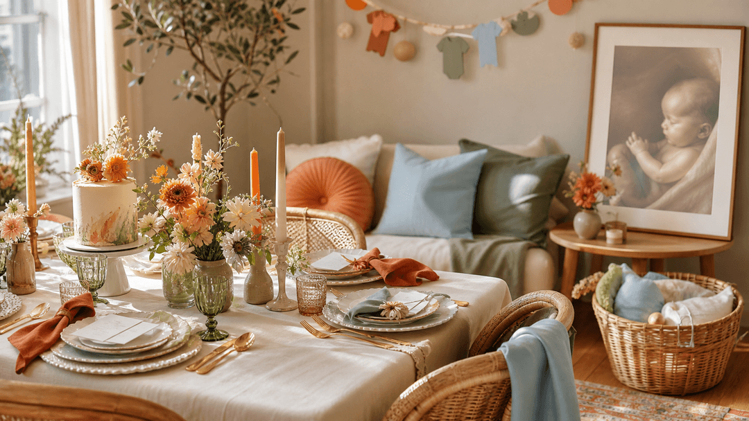 Brunch cald pentru baby shower din 2027 cu flori de teracotă, felicitări de suvenir și un viitor portret de bebeluș înrămat