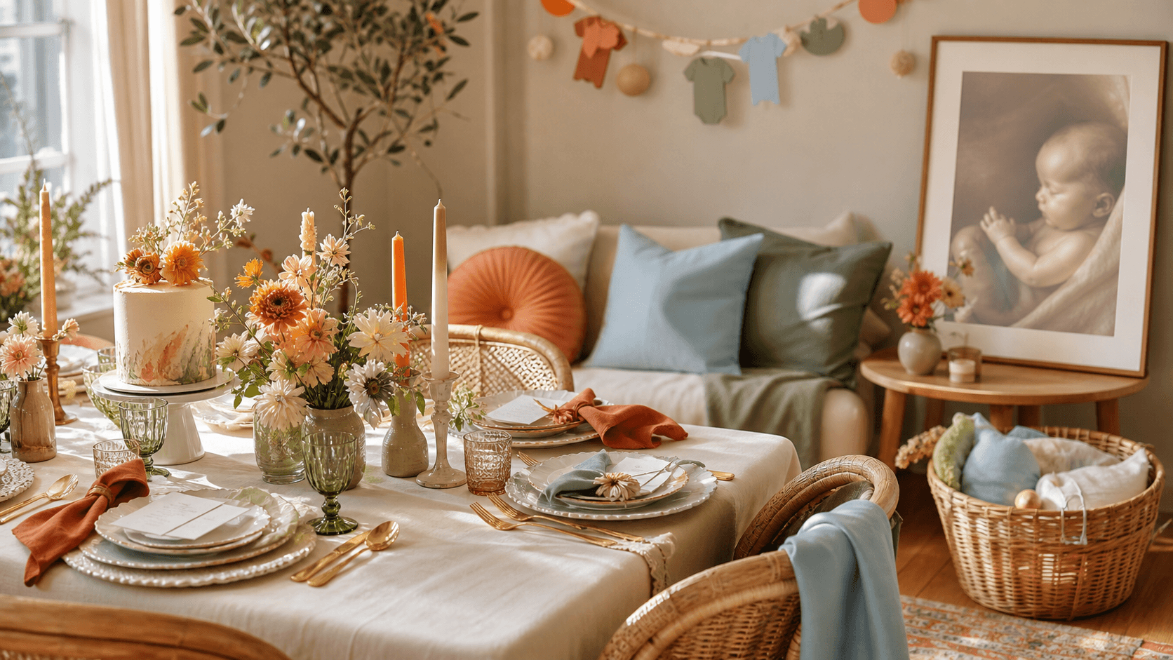 Warm 2027 baby shower brunch with terracotta florals, keepsake cards and a framed future baby portrait